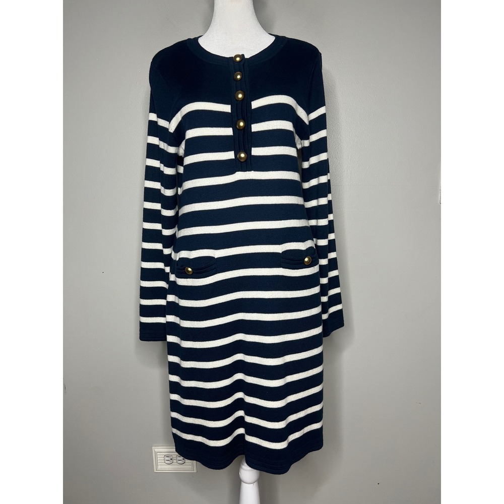 89th & Madison Navy Blue White Breton Stripe Gold Button Sweater Dress  Womens S
